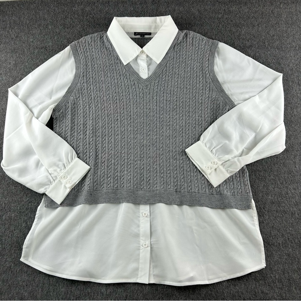 Women's Adrianna Papell Gray and White Layered Sweater Vest Blouse Size XL